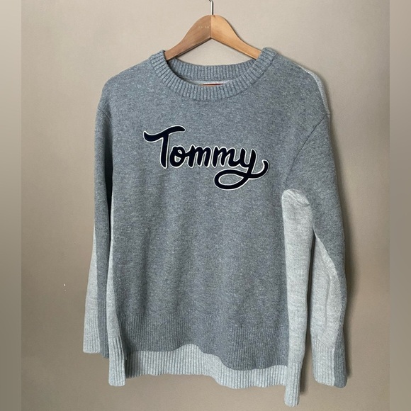 TOMMY HILFIGER pullover crew sweater Velvet logo Y2K streetwear sz L wool cotton - Picture 4 of 13